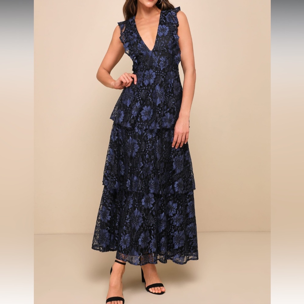 Molinetto Navy Blue Lace Ruffled Tiered Sleeveless Maxi Dress